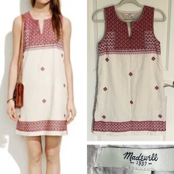 Madewell Cream/Red Stitch Mosaic Embroidered Mini Shift Dress - 47064 - Picture 1 of 15